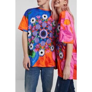 Desigual Luca Floral Mandala Unisex Orange Pink Purple Blue T-Shirt NWT- Size U